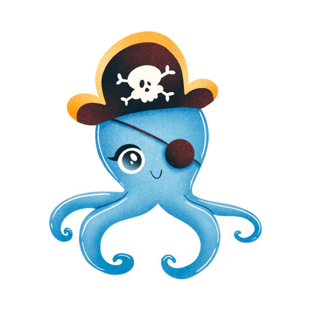 白い背景に隔離かわいい漫画の海賊タコ。動物の海賊 - party hat hat party isolated点のイラスト素材／クリップアート素材／マンガ素材／アイコン素材