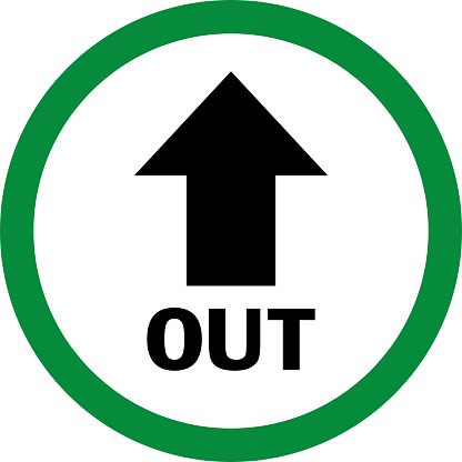 Green circle out arrow sign. Black text. Safety signs and symbols.