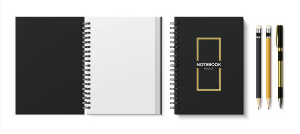 realistyczna makieta otwartych i zamkniętych długopisów i ołówków do notebooków - spiral notebook stock illustrations