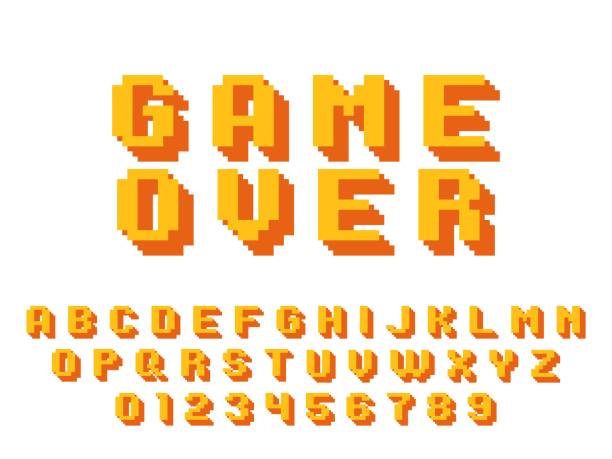 ilustraciones, imágenes clip art, dibujos animados e iconos de stock de fuente del juego de píxeles. gráfico de 8 bits 80s idioma inglés, alfabeto cuadrado retro, números robóticos y letras, símbolos de tipo computadora de videojuegos. conjunto aislado de vector de tipografía naranja creativa - pixel art
