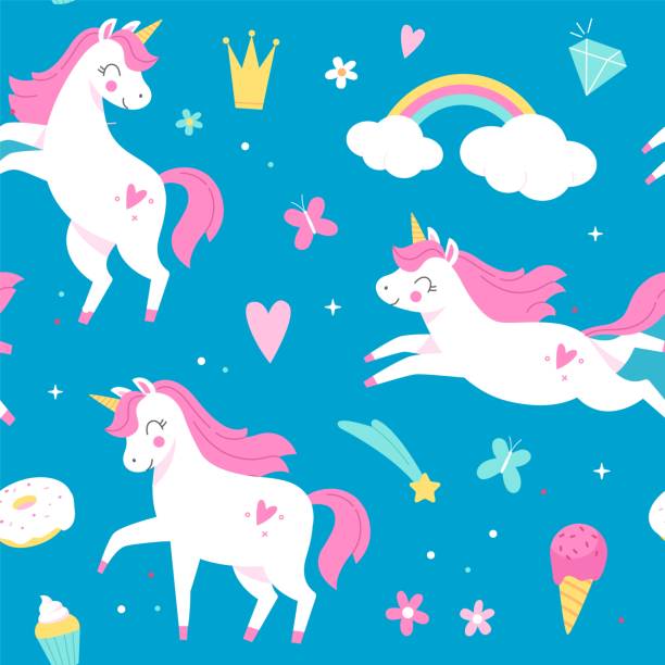 シームレスなパターンユニコーン。青い背景に魔法の馬、虹とアイスクリーム、素晴らしい動物と赤ちゃんのデザイン。装飾テキスタイル、包装紙の壁紙ベクトルプリントや布 - unicorn horse magic fairy tale点のイラスト素材／クリップアート素材／マンガ素材／アイコン素材