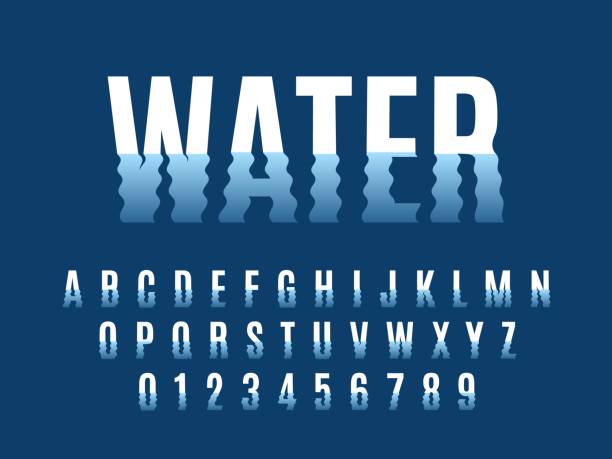 Waves font. Ripple water reflexes english alphabet, wavelike letters and numbers distortion, liquid deformation simple text, lower parts fluctuation typeset. Vector isolated abc set Waves font. Ripple water reflexes english alphabet, wavelike letters and numbers distortion, liquid deformation simple blue and white text, lower parts fluctuation typeset. Vector isolated abc set distorted font stock illustrations