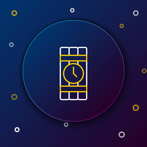 line detonate dynamit bomba kij i ikona zegara izolowane na niebieskim tle. bomba zegarowa - koncepcja zagrożenia wybuchem. kolorowa koncepcja konturu. wektor - bomb time bomb time clock stock illustrations