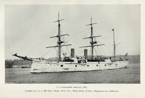 USS Steamship Chicago in 1887. Illustration published in Steam Navy of the United States by Frank M. Bennett (Press of W.T. Nicholson: Pittsburgh) in 1896. Copyright expired; artwork is in Public Domain.