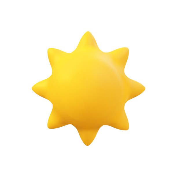 3d ベクトル太陽リアルなイラスト。白で孤立した夏の太陽の物体。最小限の漫画の天気の日差しのレンダリングシーンのデザイン - 3d点のイラスト素材／クリップアート素材／マンガ素材／アイコン素材