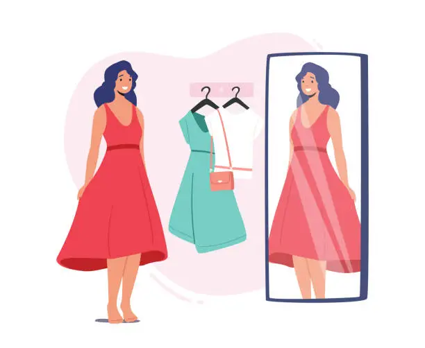 Vector illustration of Young Female Character Trying on Clothes in Dressing Room at Store, Woman in New Dress Stand in Cabin with Mirror
