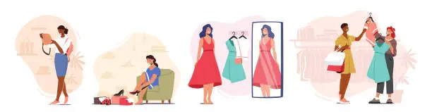 Vector illustration of Young Stylish Women Choosing New Fashioned Dress, Bag and Shoes in Store. Girls Buying Garment and Accessories in Mall