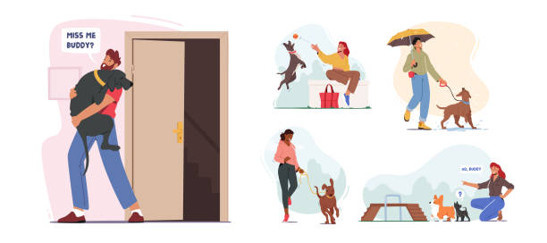 집과 야외에서 애완 동물과 함께 시간을 보내는 사람들의 집합. 개와 함께 걷고 노는 캐릭터, 야외 에서 휴식을 취하는 캐릭터 - 쓰다듬어 주기 일러스트 stock illustrations