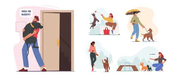 Vector illustration of Set of People Spend Time with Pets at Home and Outdoors. Characters Walking and Playing with Dogs, Relaxing Open Air