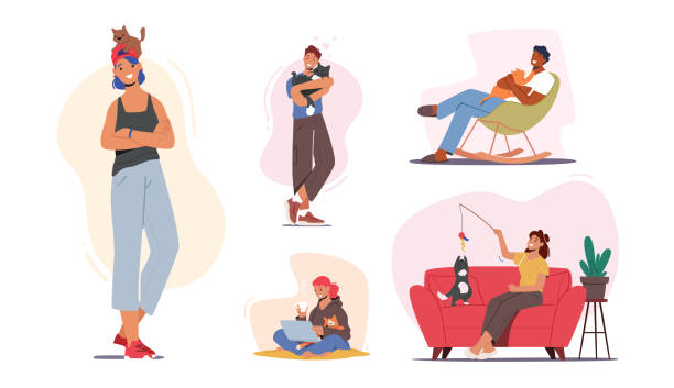 ilustrações de stock, clip art, desenhos animados e ícones de leisure, communication, love, care of animals, carefree concept. people caress of pets. male female characters and cats - acariciar