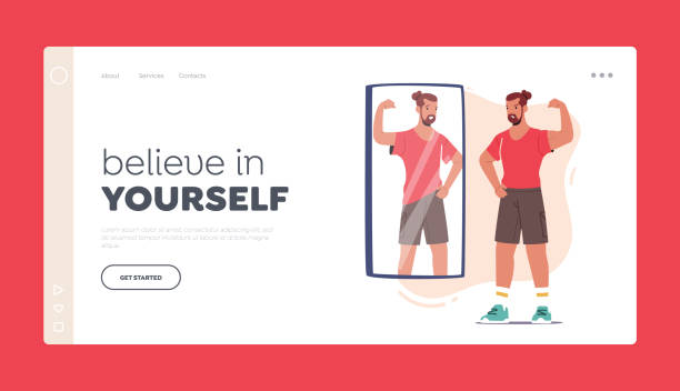 ilustrações de stock, clip art, desenhos animados e ícones de believe in yourself landing page template. male character with low self esteem, loathing and anger. athlete reflection - mirror reflection men individuality