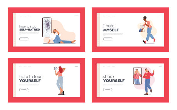 ilustrações de stock, clip art, desenhos animados e ícones de self anger, loathing, low esteem landing page template set. characters look in mirror unhappy with their reflection - mirror reflection men individuality