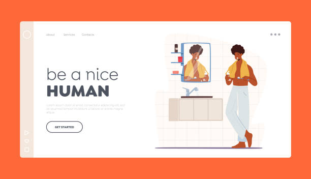 Man Brushing Teeth Landing Page Template. Young Handsome African Male Character in Nightwear with Towel Stand at Mirror Man Brushing Teeth Landing Page Template. Young Handsome African Male Character in Nightwear with Towel Stand front of Mirror and Sink Applying Every Day Hygiene Routine. Cartoon Vector Illustration black man brushing teeth stock illustrations
