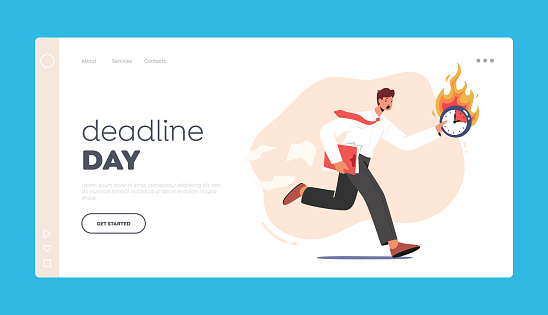 Deadline, Lack of Time Landing Page Template. Business Working Process Organization. Anxious Businessman Character Run with Document Folder and Burning Clock in Hands. Cartoon Vector Illustration