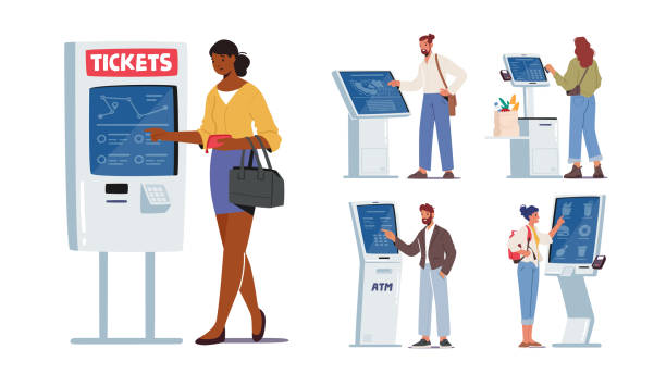 Set of Characters Use Self Ordering Service. Men and Women Using Info Kiosk, Order Food in restaurant, Withdraw Money Set of Characters Use Self Ordering Service. Men and Women Using Info Kiosk, Order Food in restaurant, Withdraw Money via ATM and Buying Tickets with Digital Device. Cartoon People Vector Illustration atm illustrations stock illustrations