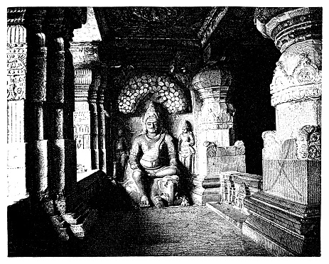 Illustration of a Sculpture of Indra in Indra Sabha Jain Cave Temple, Ellora
