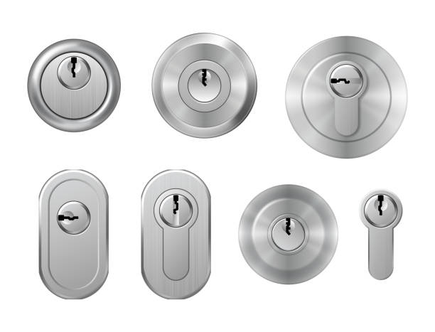 stahlmetall sichere schlüssellöcher für türschlösser schablonen. realistische silber- oder chromschlüssellöcher - keyhole stock-grafiken, -clipart, -cartoons und -symbole