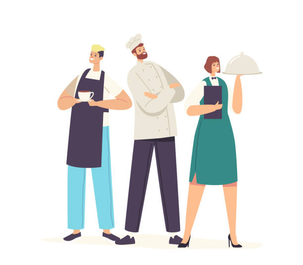 Hospitality, Restaurant Staff Team in Uniform. Barman with Cup of Drink, Waitress Holding Tray with Dish under Cloche Hospitality, Restaurant Staff Team Characters in Uniform. Barman with Cup of Drink, Waitress Holding Tray with Dish under Cloche Lid and Confident Chef in Toque. Cartoon People Vector Illustration restaurant supervisor stock illustrations