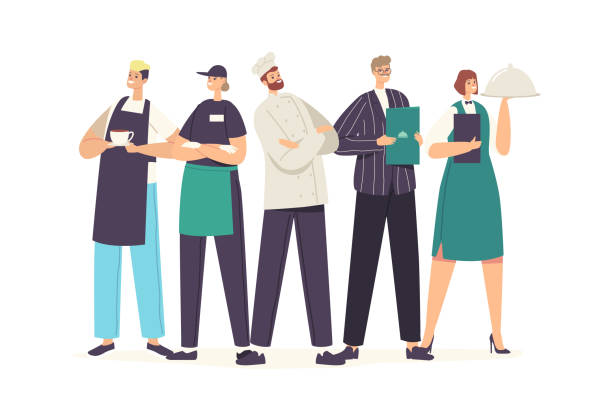 ilustrações de stock, clip art, desenhos animados e ícones de restaurant characters team in uniform demonstrating menu. staff of cafe, pizzeria, bakery shop or cafeteria, hospitality - characters cooking chef bakery