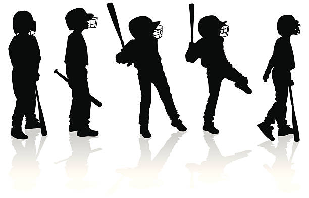 ilustraciones, imágenes clip art, dibujos animados e iconos de stock de siluetas de niños jugando béisbol - swing child silhouette swinging
