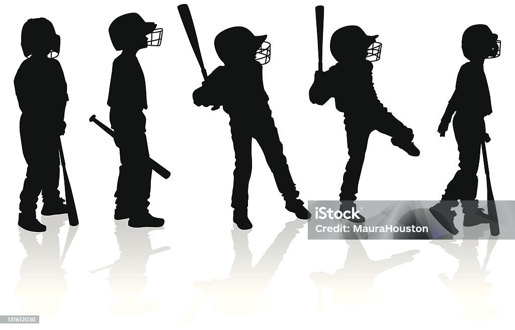 Силуэты мальчиков играть в бейсбол - Векторная графика Бейсбол роялти-фри