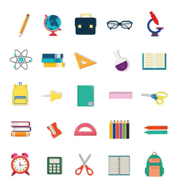 Vector illustration of Back to School & Learning, School Supplies vector icon set. Science, research and education Icons. Modern, colorful, trendy vector illustration set isolated on white.