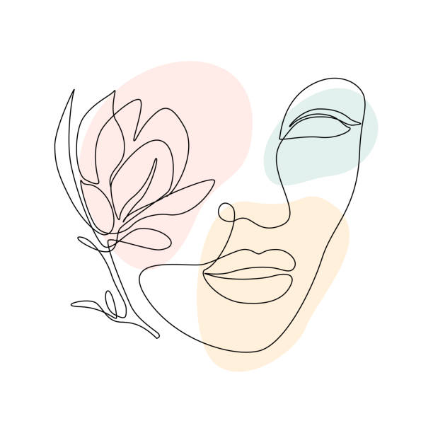 Woman face with magnolia flower in Continuous line drawing. Beautiful portrait in lineart style isolated in white background. Vector illustration with color free form Woman face with magnolia flower in Continuous line drawing. Beautiful portrait in lineart style isolated in white background. Vector illustration with color free form. woman white background stock illustrations