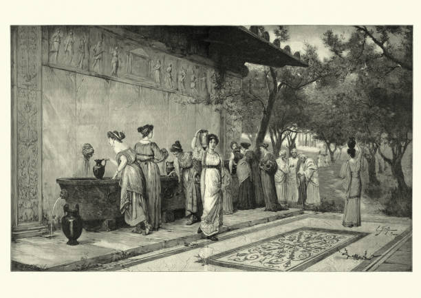 Roman women collecting water from the fountain of Vesta Vintage illustration of Roman women collecting water from the fountain of Vesta, Victorian Art 19th Century. After the painting by Ettore Forti roman illustrations stock illustrations