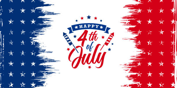 ilustrações de stock, clip art, desenhos animados e ícones de usa, united states of america, happy 4th of july trendy design with firework blast and ribbon on red and blue grunge, vintage american background with stars for sale banner, discount banner, advertisement banner, etc. - felicidade