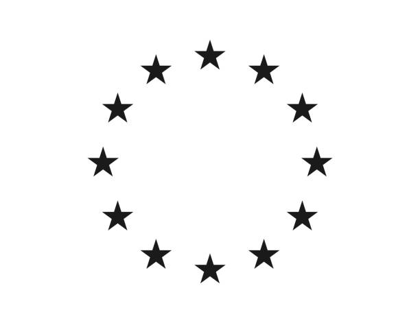 ilustrações, clipart, desenhos animados e ícones de ícones estelares em círculo. logotipos europeus pretos no fundo branco. bandeira da ue. 12 estrelas amarelas para a união europeia. crachás de militares, comunitários, econômicos e conselhos. mercado da zona do euro. vetor - euro