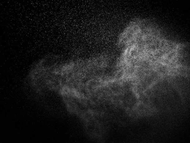 Photo of spray water drop droplet steam fog air mist liquid sprayer fluid background black aerosol pump sprinkle fresh