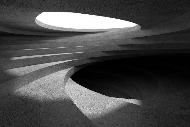 istock Abstract empty concrete interior with dark spiral stairway 3d 1316129218