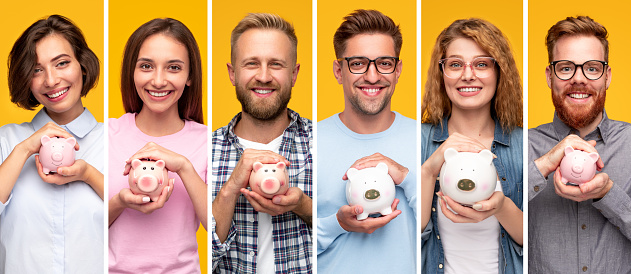 Collage of friendly young man and women holding money boxes with savings and smiling for camera on yellow background
