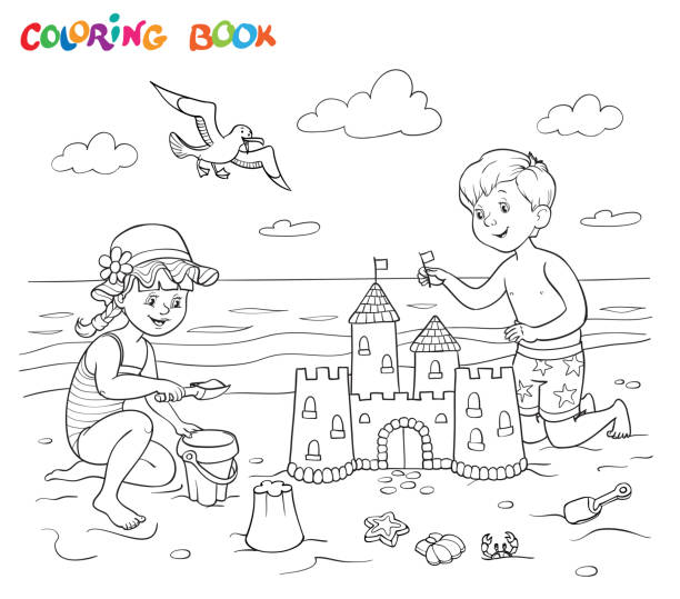 ilustraciones, imágenes clip art, dibujos animados e iconos de stock de libro o página para colorear. una chica y un niño están jugando en la playa cerca del mar. - niña y niño libro para colorear