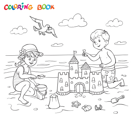 Coloring book or page. A girl and a boy are playing on the beach near the sea. The boy is building a sandcastle. The girl plays with a bucket and sand.