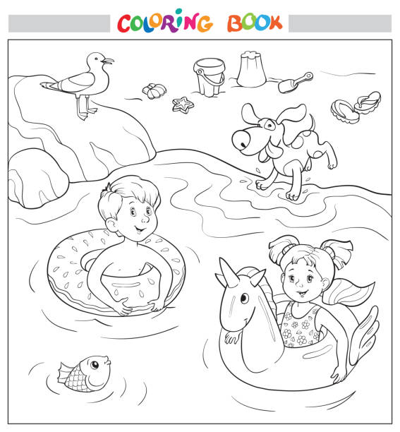 ilustraciones, imágenes clip art, dibujos animados e iconos de stock de libro o página para colorear. alegre niño y niña nadan en anillos de goma en el agua, un perro en la orilla, una gaviota en una piedra - natural pool fish sea water
