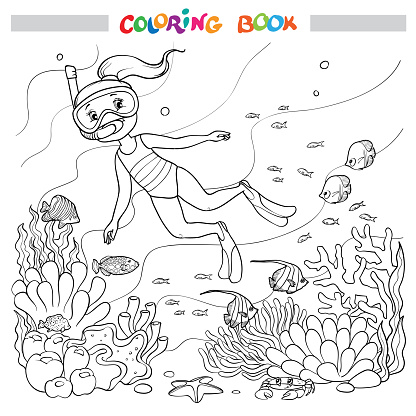 Coloring book or page. A girl underwater in a mask and fins swims among fish, algae, and corals.