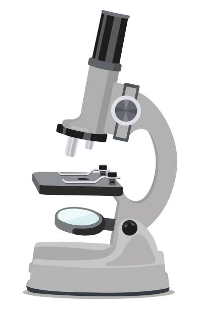 Microscope image for enlarged images. Optic. Vector illustration Vector image of microscope on white background in flat style. Magnification of invisible or hard-to-see objects and details. laboratory glassware stock illustrations