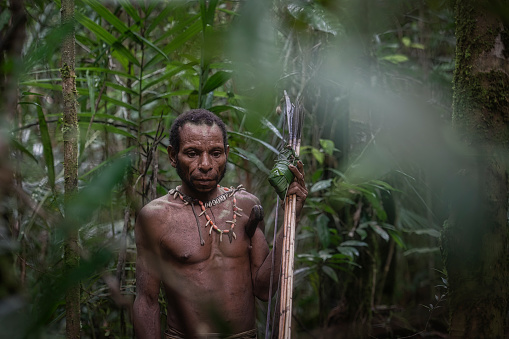 Harigatun village, West Papua, Indonesia - August 26, 2017: A man from the Korowai people is hunting in the rainforest. The man is holding a machete and his bow and arrows in his hands. \n\nThe Korowai people (sometimes also called Kolufu) are living at the Indonesian part of the island of Newguinea (West Papua). The Korowai are still living very isolated as hunter-gatherers and are famous for their tree houses. The first contact between Korowai and Westerners is documented only in 1974.