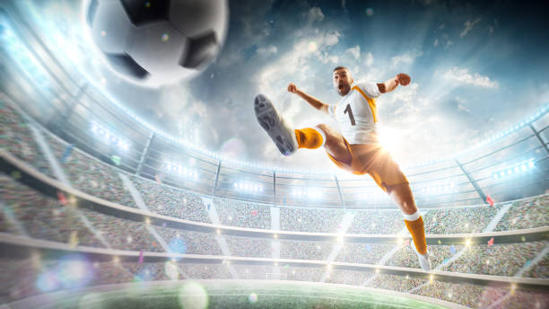 soccer kick. a soccer player kicks the ball in air fashion. professional soccer player in action. stadium with flashlights and fans. 3d - grass area field air sky imagens e fotografias de stock