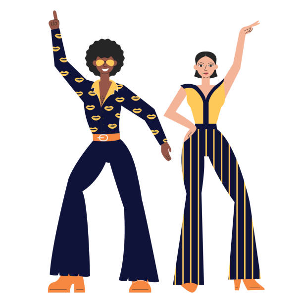 ilustraciones, imágenes clip art, dibujos animados e iconos de stock de posando bailarines disco aislados sobre fondo blanco - 1960s style image created 1960s retro revival old fashioned