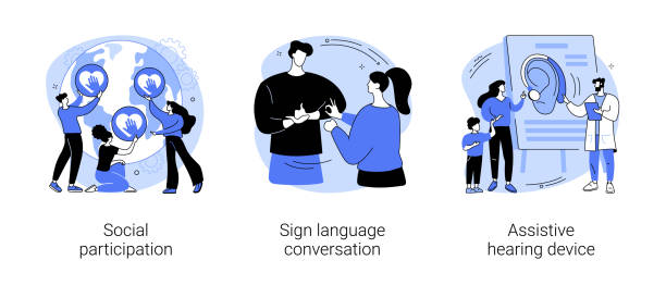 Social engagement abstract concept vector illustrations. Social engagement abstract concept vector illustration set. Social participation, sign language conversation, assistive hearing device, hand alphabet, deaf people, gesture language abstract metaphor. sign language class stock illustrations