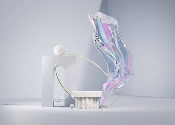 istock 3D background stone podium pillar display, abstract metallic iridescent holographic foil cloth flying with ancient column pedestal for cosmetic product placement. Trendy geometric stand 3D render 1316143076