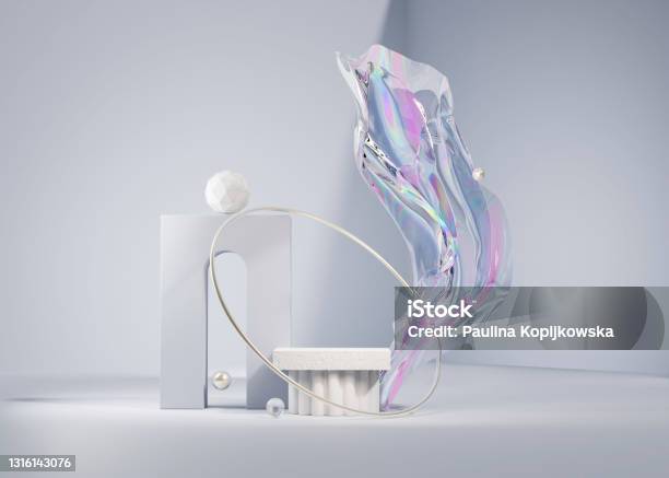 3d Background Stone Podium Pillar Display Abstract Metallic Iridescent Holographic Foil Cloth Flying With Ancient Column Pedestal For Cosmetic Product Placement Trendy Geometric Stand 3d Render Stock Photo - Download Image Now