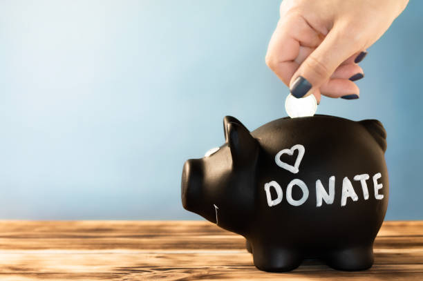 Hand putting a coin in a black piggy bank with a chalk donate tag on a blue background. Donation and charity concept stock photo