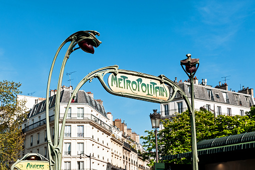 Parisian Metro signpost - Metro station Anvers, near Montmartre hill. Paris, in France. April 24, 2021