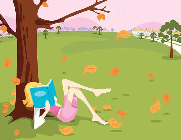 Vector illustration of Woman Reading Book Under Tree in Autumn