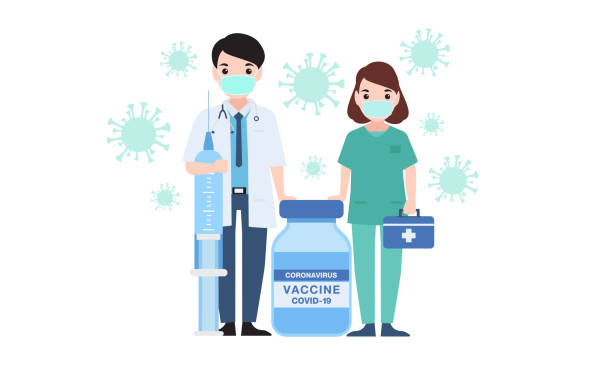 doctors carrying big syringe with a vaccine bottle protection virus,coronavirus vaccine,Vaccination concept vector art illustration