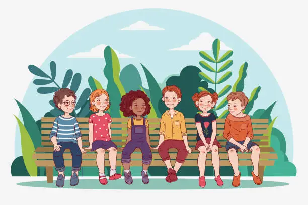 Vector illustration of Group of friendly kids sitting on the bench in park. Happy boys and girls. Summer Holiday illustration