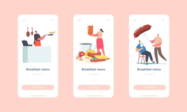 Breakfast Menu Mobile App Page Onboard Screen Template. Tiny Characters at Huge Plate Have Traditional English Breakfast Breakfast Menu Mobile App Page Onboard Screen Template. Tiny Characters at Huge Plate Having Traditional English Full Fry Up Breakfast with Fried Eggs Concept. Cartoon People Vector Illustration woman frying eggs stock illustrations